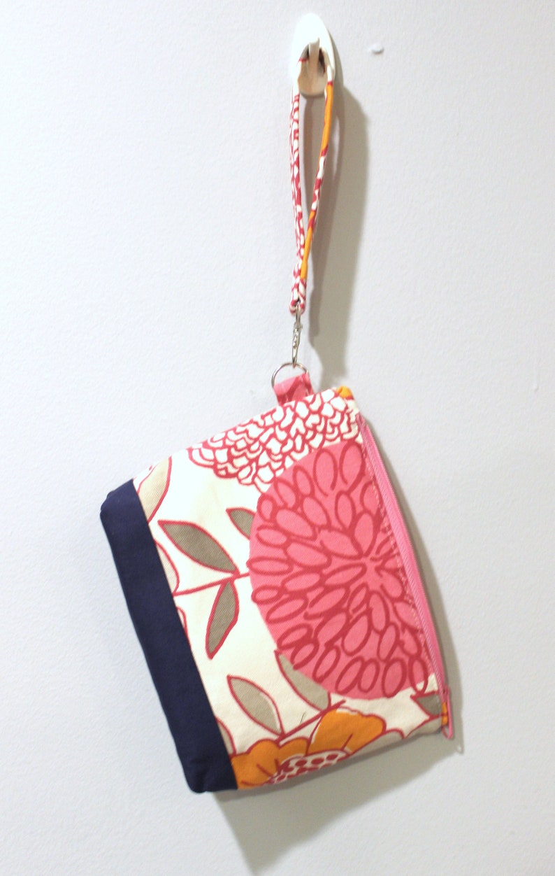 Botanical print zippered wristlet wallet pouch pink, navy, orange image 8