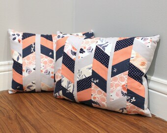 Chevron Patchwork Pillow COVER ONLY Navy Peachy Pink