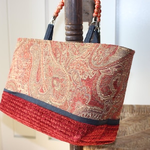 Beaded Handled Red Paisley Tote