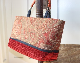 Beaded Handled Red Paisley Tote