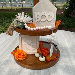 Halloween Tiered Tray Decor Items Spooky Boo Ghost Pumpkin Bead Garland Greenery Orange Flower Tray NOT Included
