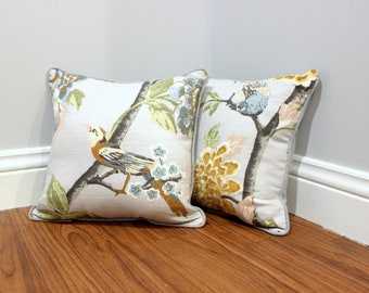 Gray Flora and Fauna Print Pillows with Gray Piping