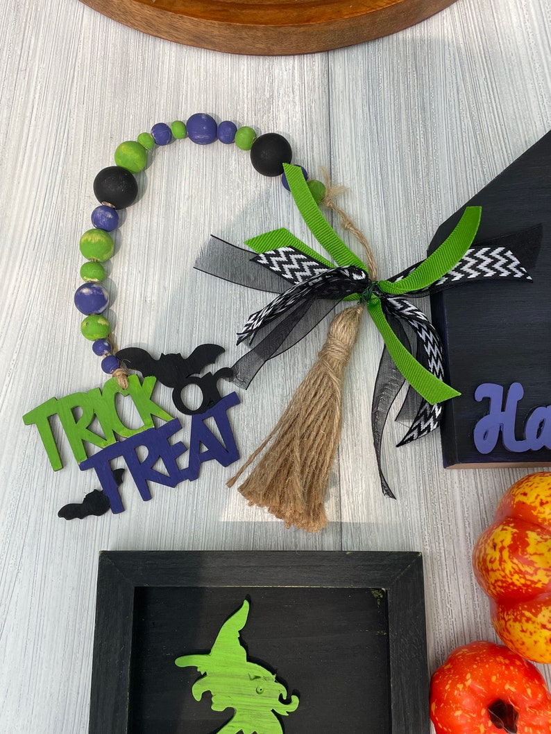 Halloween Tiered Tray Decor Items Spooky Pumpkin Witch Trick or Treat Bead Garland Orange Green Purple Black Tray NOT Included Beaded Garland