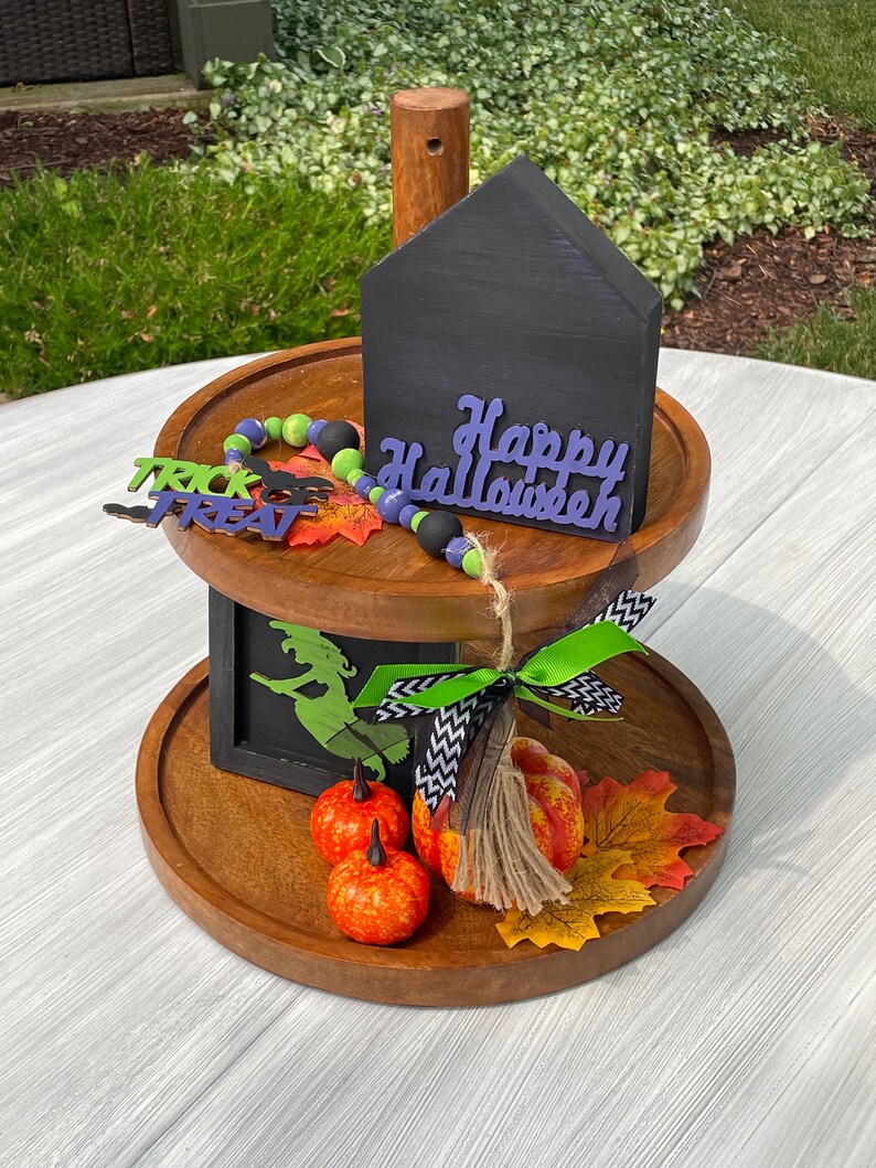 Halloween Tiered Tray Decor Items Spooky Pumpkin Witch Trick or Treat Bead Garland Orange Green Purple Black Tray NOT Included image 4