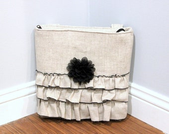 Cross body bag purse with ruffle detail in oatmeal beige linen