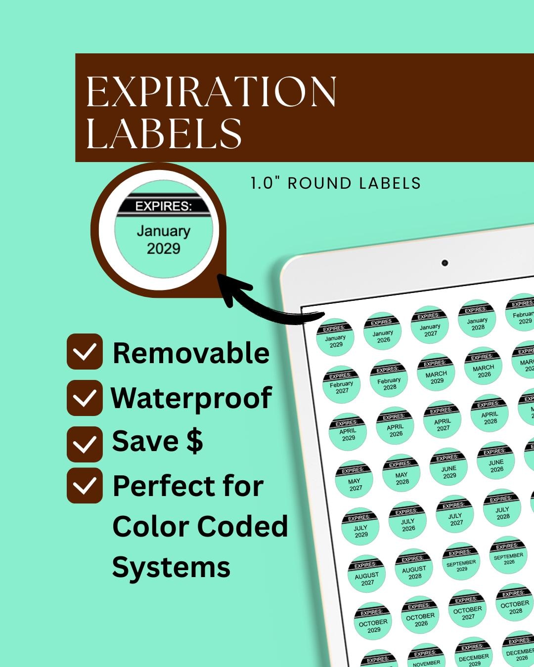 48 Mint Green Expiration Labels/ Pharmacy Bottle Toppers / Food ...