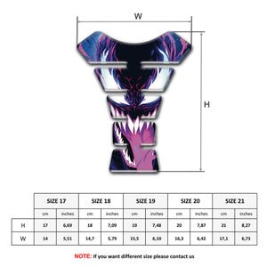 May include: A motorcycle tank protector with a graphic design featuring a monster face in shades of purple, black, and white. The protector's dimensions vary, with heights from 6.69 to 8.27 inches and widths from 5.51 to 6.73 inches, depending on the size.