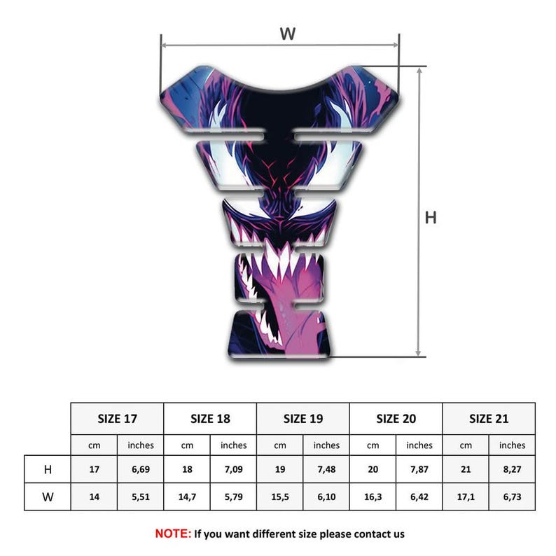 May include: A motorcycle tank protector with a graphic design featuring a monster face in shades of purple, black, and white. The protector's dimensions vary, with heights from 6.69 to 8.27 inches and widths from 5.51 to 6.73 inches, depending on the size.