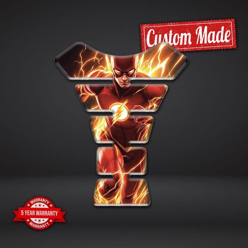 May include: A custom-made, red and yellow Flash-themed graphic. The design features the Flash superhero with lightning effects. The image includes the text "Custom Made" and a "5 Year Warranty" badge.