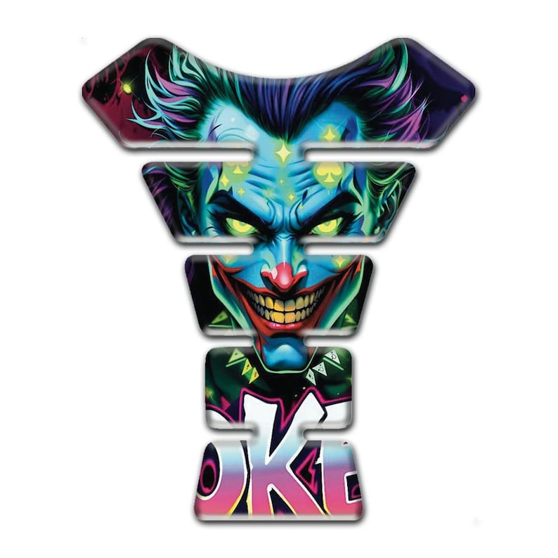 May include: A motorcycle tank protector with a vibrant, detailed graphic of a clown's face. The design features a blue face, green hair, and a red nose, with the word "JOKE" in colorful graffiti-style lettering.