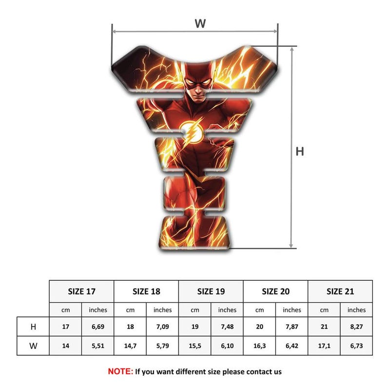 May include: A motorcycle tank protector featuring The Flash. The graphic shows The Flash in a dynamic pose with lightning effects. The protector's dimensions vary, with heights from 6.69 to 8.27 inches and widths from 5.51 to 6.73 inches, depending on the size.
