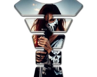 Motorcycle Tank Pad – Punisher Style Female Warrior Tank Protector | 3D Resin Gel Anti-Scratch Fuel Tank Decal