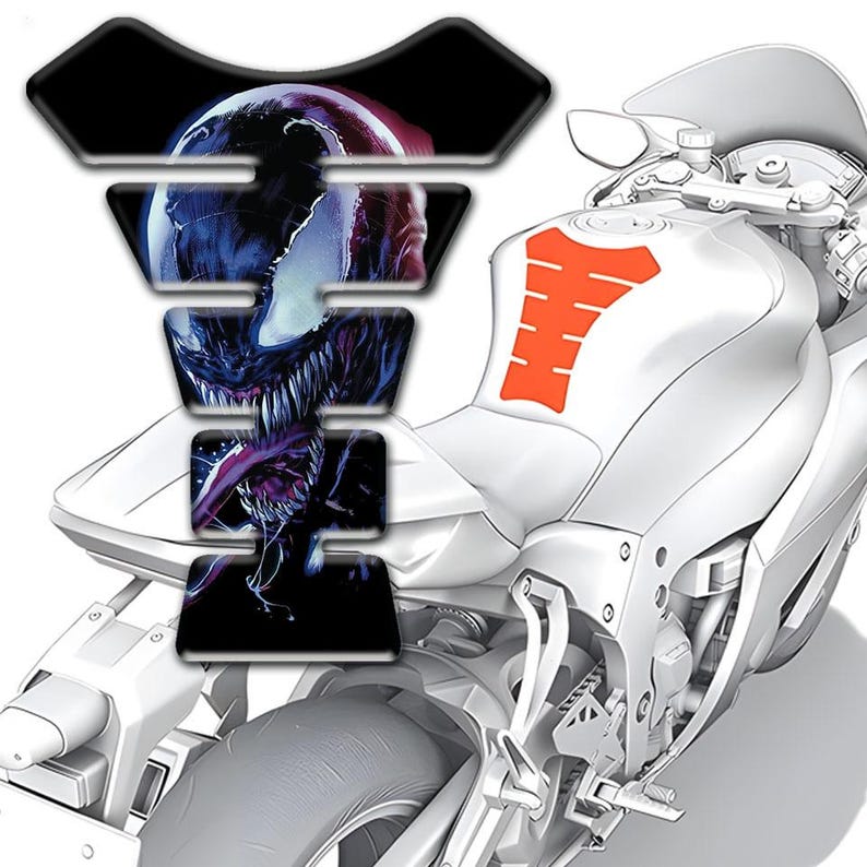 May include: A white motorcycle with a black, blue, and red graphic of a monster on the gas tank. An orange tank protector is also visible. The motorcycle has a sleek, modern design.