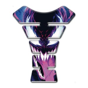 May include: A motorcycle tank protector with a graphic design featuring a menacing, open-mouthed creature with sharp teeth. The design uses shades of purple, black, and white, creating a striking visual effect.