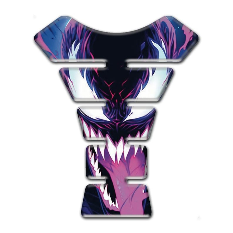 May include: A motorcycle tank protector with a graphic design featuring a menacing, open-mouthed creature with sharp teeth. The design uses shades of purple, black, and white, creating a striking visual effect.