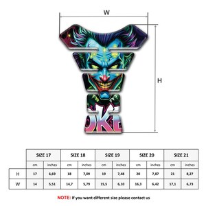 May include: A motorcycle tank protector with a colorful graphic of a Joker face. The design features a menacing grin and vibrant colors. The dimensions are provided in inches and centimeters, with a height of 6.69 to 8.27 inches and a width of 5.51 to 6.73 inches.
