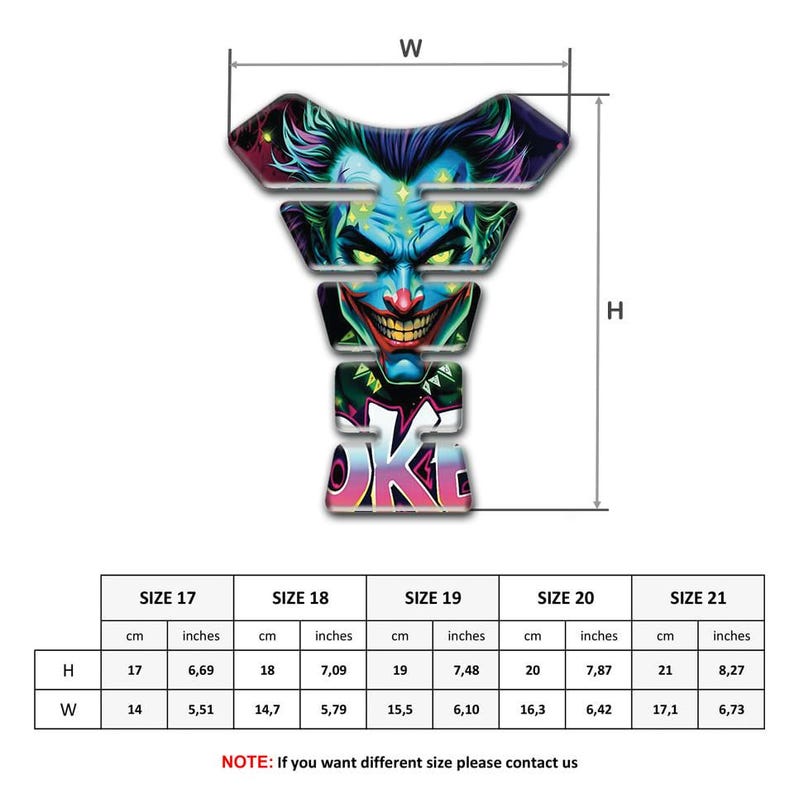 May include: A motorcycle tank protector with a colorful graphic of a Joker face. The design features a menacing grin and vibrant colors. The dimensions are provided in inches and centimeters, with a height of 6.69 to 8.27 inches and a width of 5.51 to 6.73 inches.