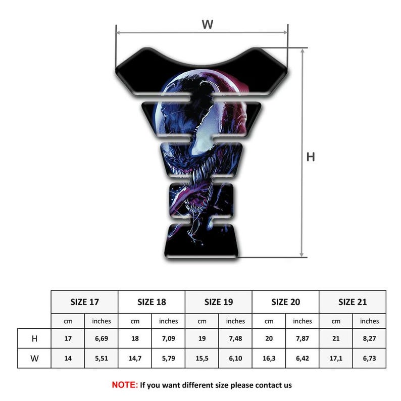 May include: Black, purple, and white graphic tank protector with a monster design. The protector is shaped to fit a motorcycle tank and is available in sizes 17 to 21, with heights ranging from 6.69 to 8.27 inches.