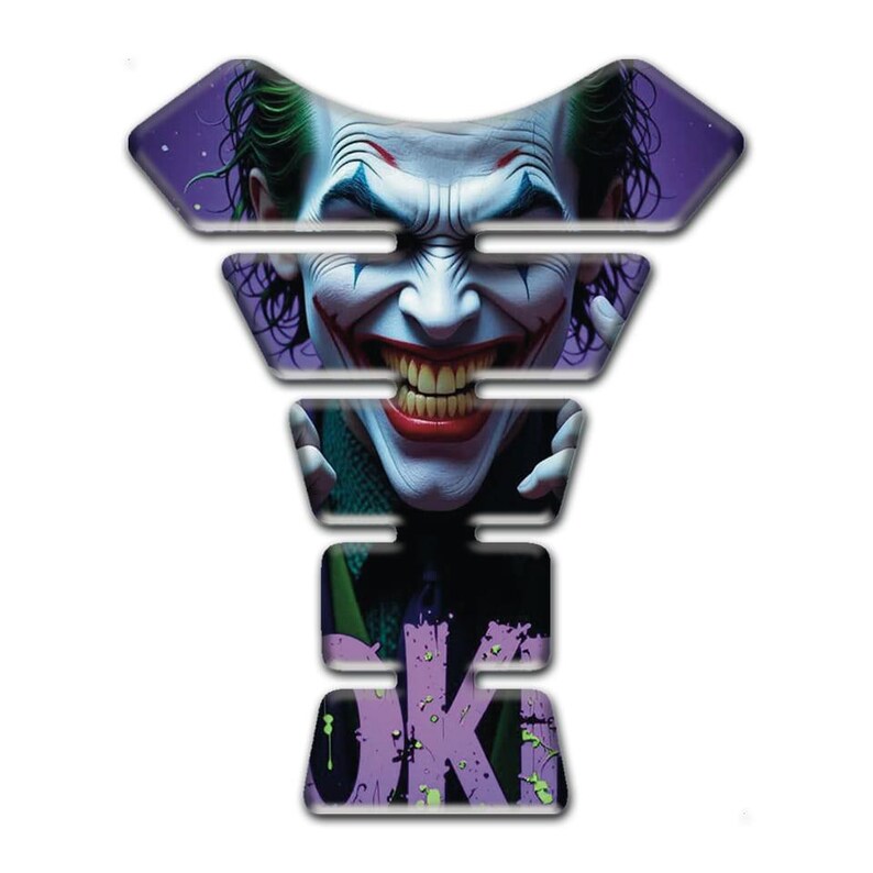 May include: A motorcycle tank pad featuring a detailed image of the Joker's face. The design includes the Joker's green hair, white face, red lips, and purple accents. The bottom section has the letters "OK" in purple.