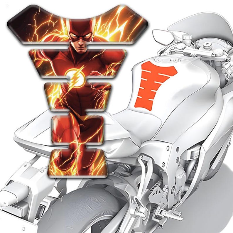 May include: A motorcycle with a tank protector featuring The Flash. The protector is red, yellow, and black, with an image of the superhero and lightning bolts. The motorcycle is white and has an orange tank grip.