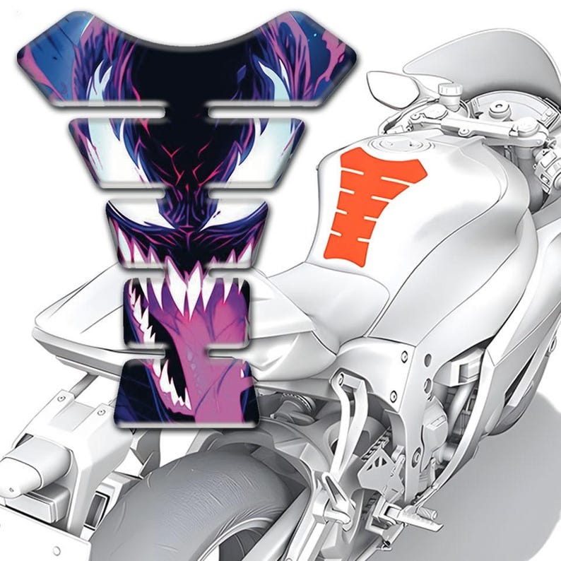 May include: A motorcycle with a white body and an orange tank protector. A multi-layered tank protector with a purple and blue graphic of a monster's face is attached to the gas tank. The motorcycle is on a white background.