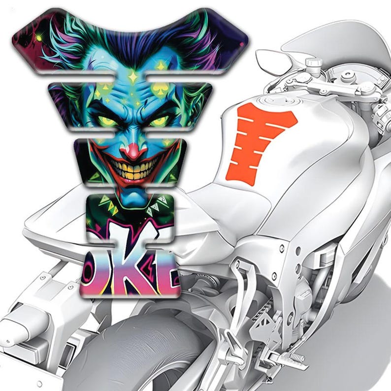 May include: A motorcycle with a white body and an orange tank protector. A multi-layered tank protector with a Joker face design is attached to the front of the motorcycle. The word "JOKE" is also visible on the tank protector.