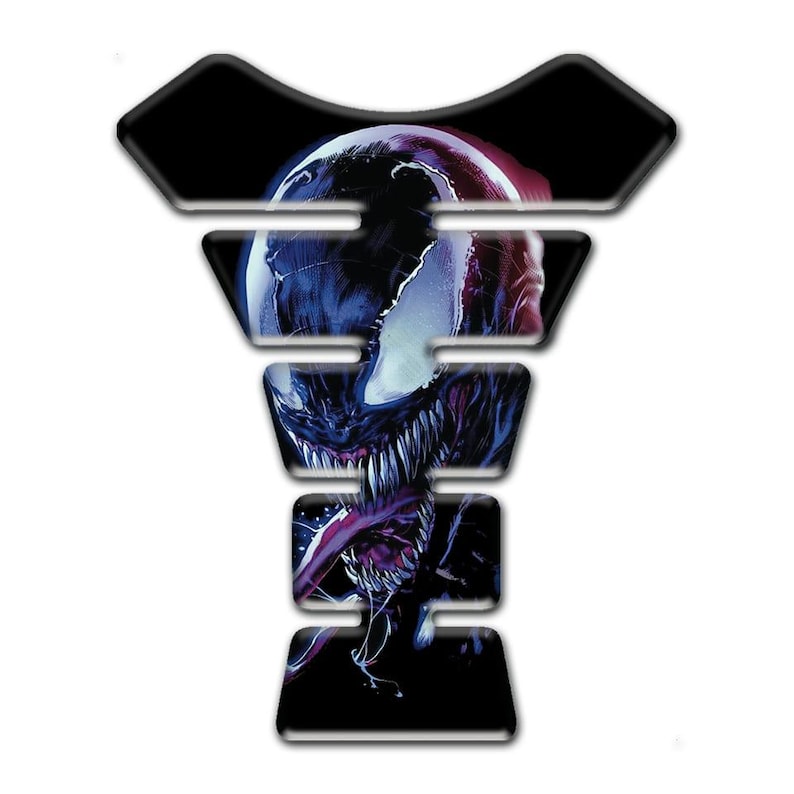 May include: Black and white graphic of Venom, a Marvel Comics character, on a motorcycle tank protector. The design features Venom's face with sharp teeth and a long tongue, set against a black background.
