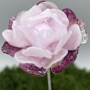 Könnte beinhalten: Eine handgefertigte Glasblume mit zarten Blütenblättern in Hellrosa und Dunkelviolett. Die Glasblume ist auf einem silbernen Stiel montiert, mit einem verschwommenen grünen Hintergrund.