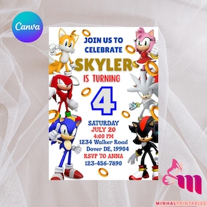 Sonic Birthday Invitation, Super Hedgehog Boys Party Invite, Super Sonic Party Invitation, Editable Sonic Invite Template, Canva Template