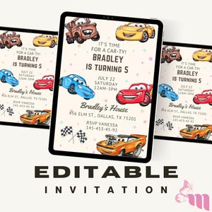 Autos-Geburtstags-Einladung | Lightning McQueen Einladung, Kindergeburtstag-Einladung | Bearbeitbare personalisierte Canva druckbare digitale Einladung
