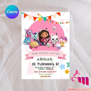Edytowalny szablon zaproszenia urodzinowego Gabbys Dollhouse, drukowane zaproszenia na przyjęcie urodzinowe, cyfrowe zaproszenie na przyjęcie urodzinowe, zaproszenie na kartkę urodzinową