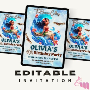 Moana Geburtstagseinladung, bearbeitbare digitale Hawaiian Moana Geburtstag einladen, Kinder Thema Party Einladung, digitale Baby Moana Vorlage