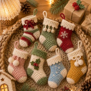 Könnte beinhalten: Eine Sammlung von sieben Miniatur-Weihnachtsstrümpfen aus Häkelarbeit in verschiedenen Farben wie Rot, Grün, Rosa, Blau und Gelb. Jeder Strumpf verfügt über eine Aufhängeschlaufe, ein strukturiertes Bündchen und einzigartige dekorative Elemente.