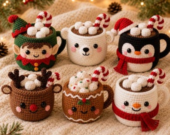 May include: Six crocheted mug cosies featuring holiday characters including an elf, a polar bear, a penguin, a reindeer, a gingerbread person, and a snowman. Each mug is topped with crocheted marshmallows and a red and white candy cane.