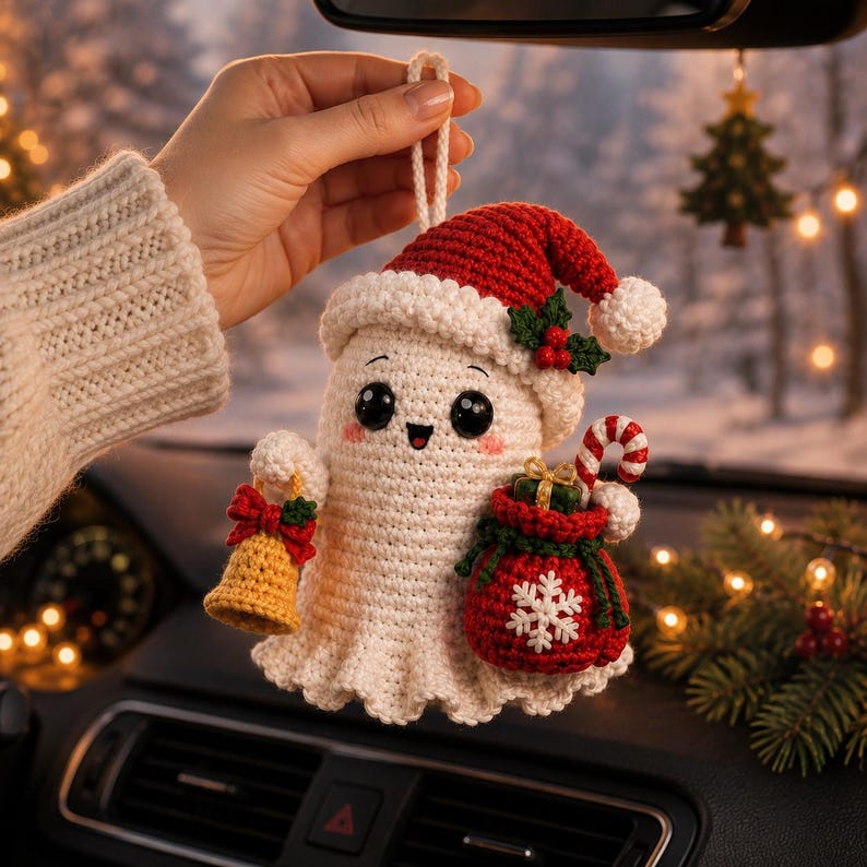 May include: A white crocheted ghost ornament wearing a red and white Santa hat. The ghost has black eyes, pink cheeks, and holds a yellow bell in one hand and a red gift bag with a white snowflake, a small green gift, and a candy cane in the other.