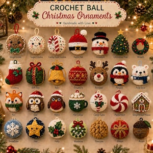 Può includere: Una collezione di ventotto decorazioni natalizie all'uncinetto a forma di pallina con vari disegni tra cui un omino di pan di zenzero, pupazzo di neve, renna, pinguino, orso polare, volpe, gufo, pettirosso, bastoncino di zucchero, menta e ghirlanda, con la scritta Crochet Ball Christmas Ornaments.