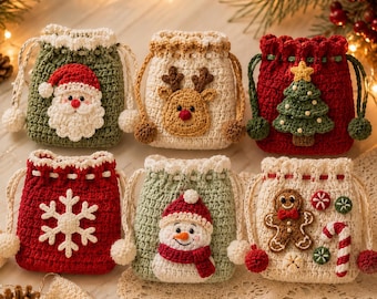 May include: Six small crochet drawstring pouches featuring holiday designs: a Santa Claus on green, a reindeer on cream, a Christmas tree on red, a white snowflake on red, a snowman on green, and a gingerbread man with candy cane on cream.