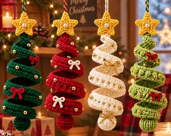 May include: Four spiral-shaped crochet Christmas tree ornaments in dark green, red, white, and light green. Each tree is topped with a yellow crochet star featuring a central pearl bead and decorated with small gold beads and tiny bows.