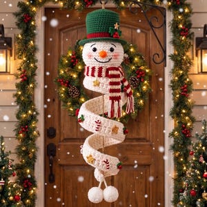 かぎ針編みの雪だるまドアハンガー、クリスマス壁飾り、手作りの冬のオーナメント、お祝いの玄関飾り、ホリデーギフト