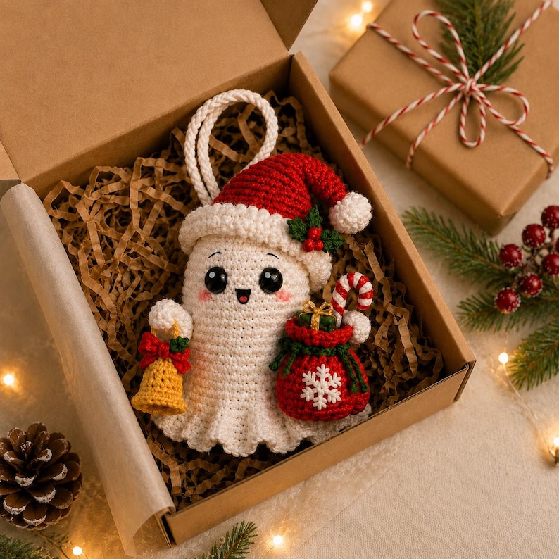 May include: A crocheted ghost ornament wearing a red and white Santa hat, holding a yellow bell and a red gift bag with a white snowflake design. The ghost has black eyes, a small smile, and pink cheeks, presented in a brown cardboard gift box.