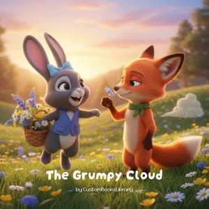 Op de afbeelding: Een digitale illustratie van een grijze konijn en een oranje vos in een bloemenveld. Het konijn draagt een mand met bloemen en de vos biedt een blauwe bloem aan. De tekst "The Grumpy Cloud" staat onderaan.