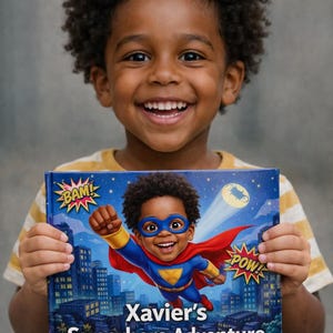 May include: A smiling child holds a children's book titled "Xavier's Superhero Adventure." The book cover features a cartoon superhero with a blue mask and cape flying over a city. The child wears a yellow and white striped shirt.