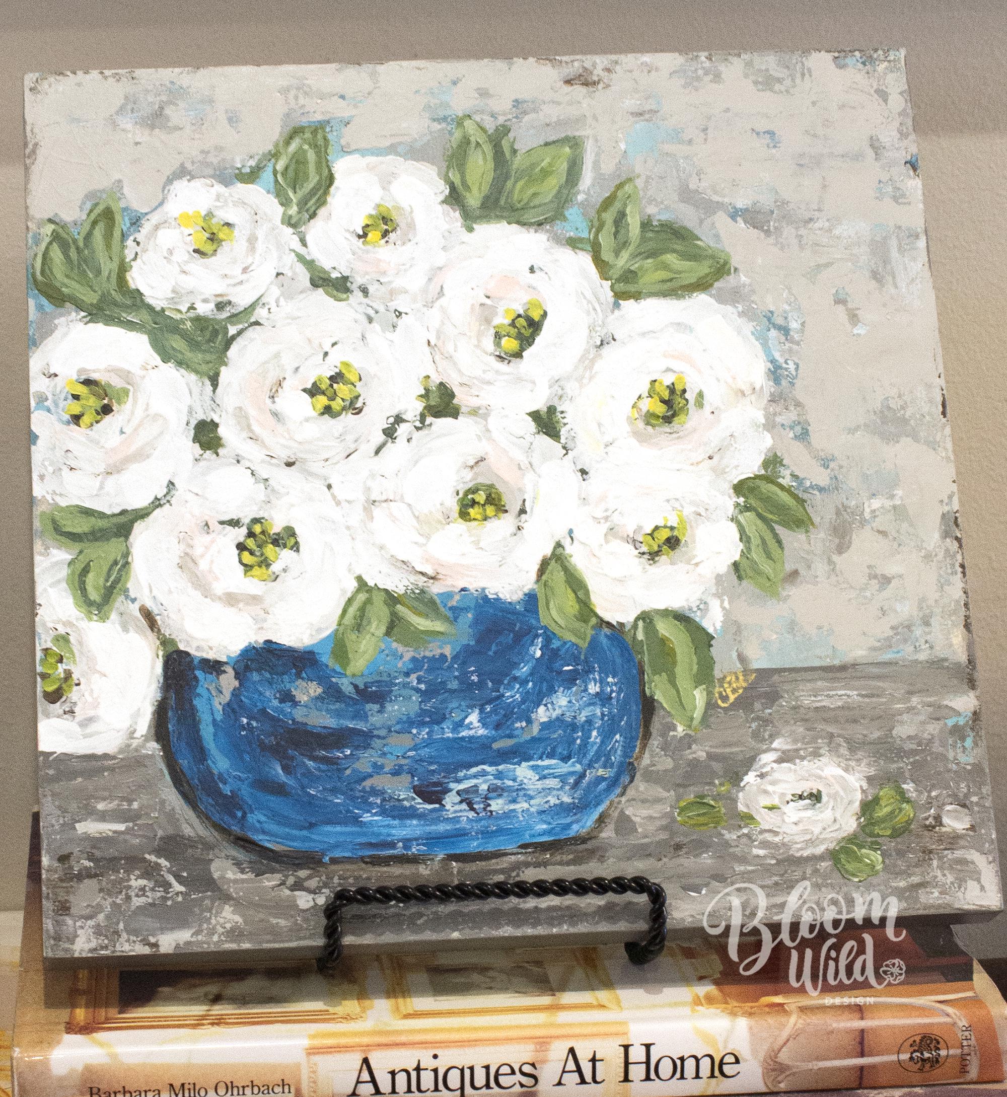 ORIGINAL ART, GWEN Floral Hand-Painted | White Blush Roses, in Blue Vase | 10X10 Wood Panel | Acrylic | Rustic Vintage Floral Wall Art