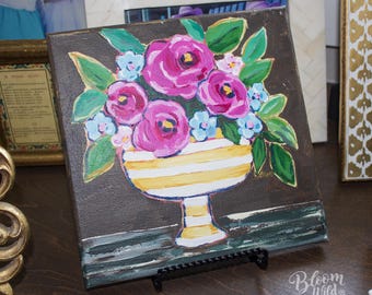 ORIGINAL ART, Pink & Red Roses with Small Blue Flowers in Yellow and White Vase – Hand-Painted Canvas Art 8x8 inches