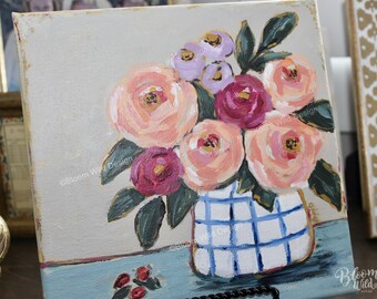 ORIGINAL ART, Hand-Painted Floral Art with Peach Roses & Purple Flowers in White Vase – Hand-Painted Canvas Art 8x8 inches