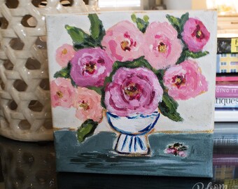 ORIGINAL ART, Polly:  Floral Hand-Painted | Pink Blush Roses, in Blue & White Vase | 6x6 Canvas | Cottage core Floral Wall Art