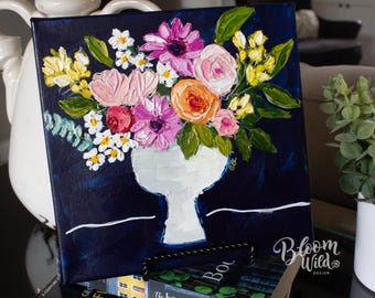 ORIGINAL ART, LELA Floral Hand-Painted | Acrylic & Oil | Pink Blush Roses, Daisies, White Vase | 8x8 Canvas | Rustic Vintage Floral Wall Art