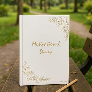 Peut inclure: Un journal blanc intitulé "Motivational Diary" avec des motifs floraux dorés et du texte. Un crayon en bois est posé sur un banc en bois à côté du journal. L'arrière-plan est une scène de parc floue.