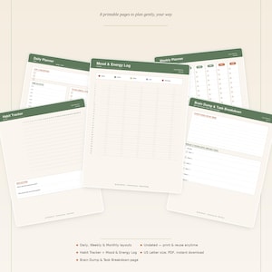 Peut inclure: Un ensemble de huit pages de planification imprimables de Calm Mind Co. comprenant un planificateur quotidien, un journal d'humeur et d'énergie, un planificateur hebdomadaire, un suivi d'habitudes et une page de déchargement mental.