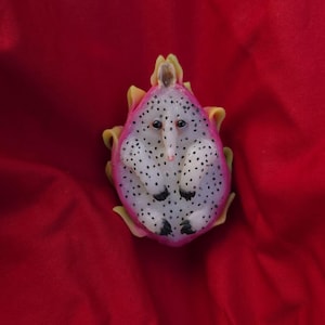 Puede incluir: Una fruta del dragón cortada por la mitad, con una piel rosa y una pulpa blanca salpicada de semillas negras, está dispuesta para parecerse a una criatura. Descansa sobre una tela roja vibrante, creando un contraste llamativo.